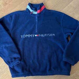 Vintage Tommy Hilfiger Navy Zip-Up Fleece with Red & White Trim in Small